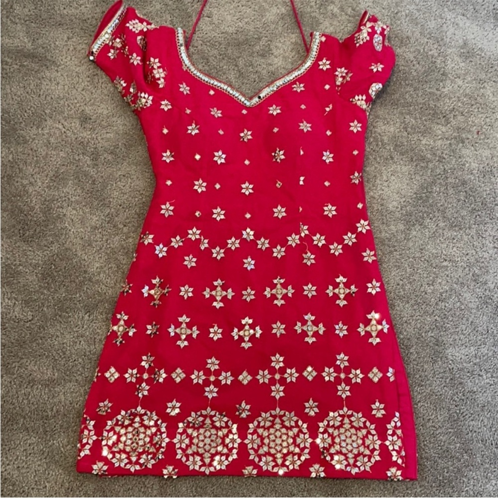 Indian pink/red mirror work sharara